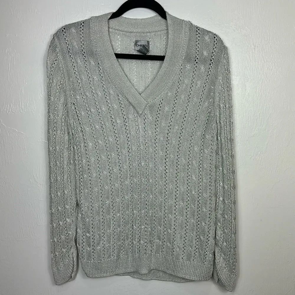 Chico’s Gray Silver Metallic Cable Knit V-neck Pullover Sweater Size XL